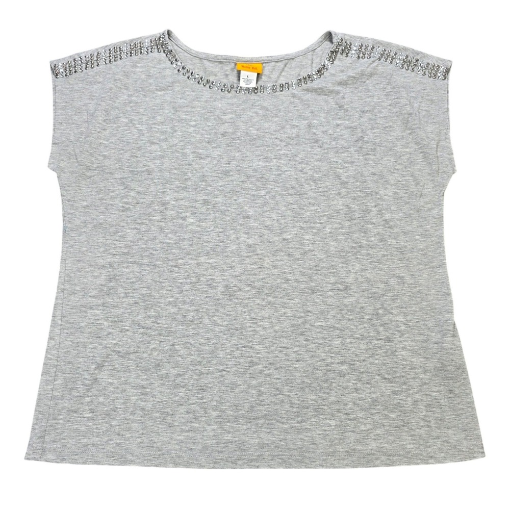 Ruby Rd Sequin Beaded Top Women's Size L Heather Grey Scoop Neck Cap Sleeve